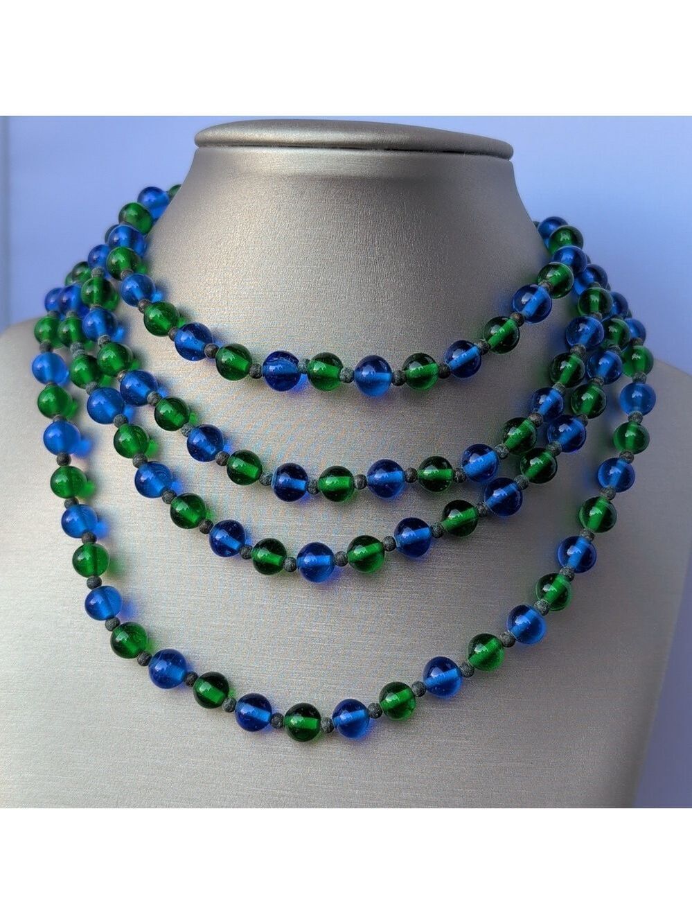 Green & Blue Glass beads. Vintage 56" long necklace, wear‎ it different ways.